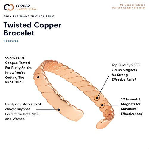 Copper Compression Twisted Copper Bracelet for Arthritis - 99.9% Pure Copper Magnetic Therapy 12 Magnet Bangle Bracelet for Men + Women. Therapeutic Bracelets for Carpal Tunnel, RSI, Joint Pain, Golf
