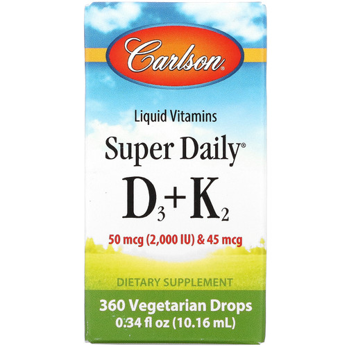 Carlson Labs  Liquid Vitamins  Super Daily D3+K2  25 mcg (1 000 IU) & 22.5 mcg  360 Vegetarian Drops  0.34 fl oz (10.16 ml)