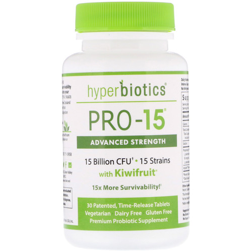 Hyperbiotics  PRO-15  Advanced Strength with Kiwifruit  15 Billion CFU  30 Patented Time-Release Tablets