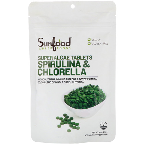 Sunfood  Spirulina & Chlorella  Super Algae Tablets  250 mg  456 Tablets