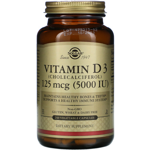 Solgar  Vitamin D3 (Cholecalciferol)  125 mcg (5 000 IU)  240 Vegetable Capsules