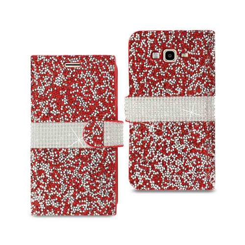 10 Pack - Reiko Diamond Rhinestone Wallet Case for Samsung Galaxy J7 In Red