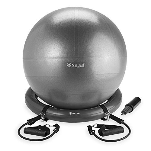 Gaiam Essentials Balance Ball & Base Kit  65cm Yoga Ball Chair  Exercise Ball with Inflatable Ring Base for Home or Office Desk  Includes Air Pump  Black