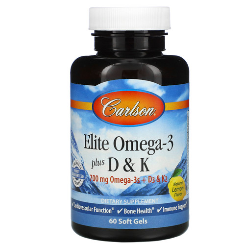 Carlson Labs  Elite Omega-3 Plus D & K  Natural Lemon Flavor  60 Soft Gels