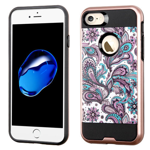 Asmyna Brushed Hybrid Case for iPhone SE2/8/7 - Purple European Flowers/Rose Gold/Black