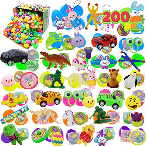 200 Pcs Toys Plus Stickers Prefilled Easter Eggs  2 3/8" prefilled Easter Eggs for Easter Theme Party Favor  Eggs Hunt  Basket Stuffers Fillers  Party Decorations
