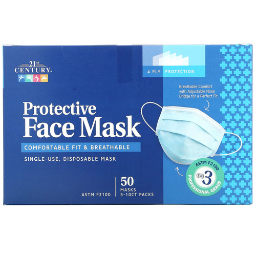 21st Century  Protective Face Mask  ASTM F2100  Single Use Disposable Masks  50 Masks  5-10 ct Packs
