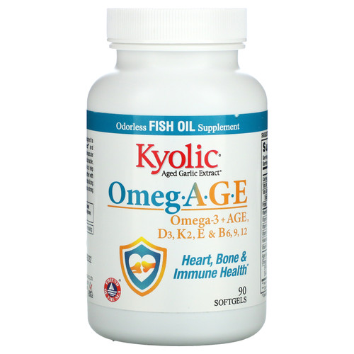 Kyolic  Omeg.A.G.E  Omega-3 + AGE  D3  K2  E & B6  9  12  Heart  Bone & Immune Health  90 Softgels