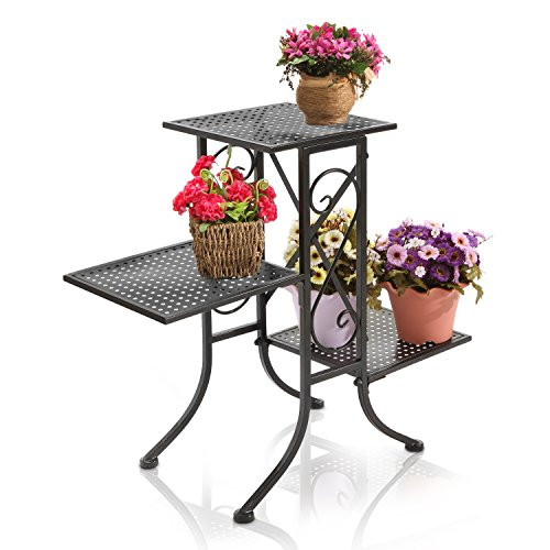 Black Metal Scrollwork Design 3-Tier Plant Stand, Planter Pot Display Shelf Rack with Perforated Shelves