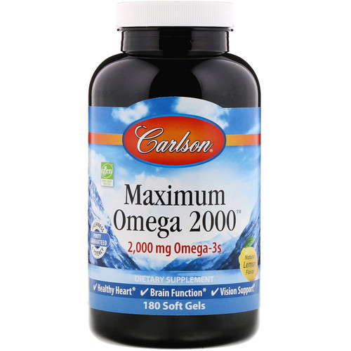 Carlson Labs  Maximum Omega 2000  Natural Lemon  1 000 mg  180 Soft Gels