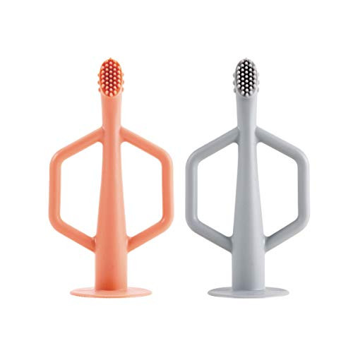 Tiny Twinkle Silicone Toothbrush 2 Pack - Coral Grey Set - Pain Relief Self-Soothing Soft Teether Training Toothbrush for Babies  Toddlers  Infants  6 Months +