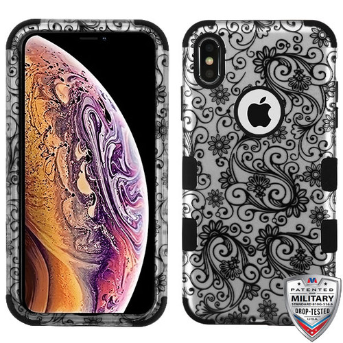 MYBAT Black Four-Leaf Clover (2D Silver)/Black TUFF Hybrid Phone Protector Cover for iPhone XS Max