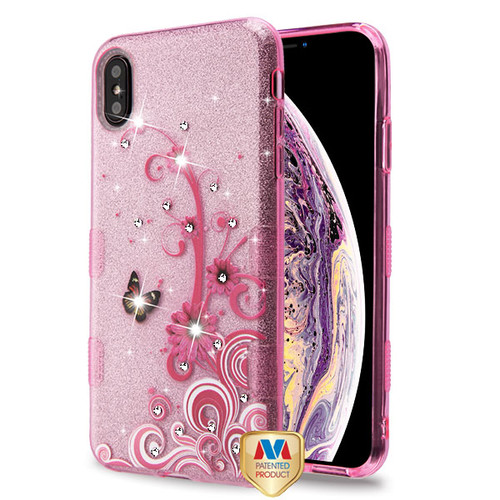 MYBAT Butterfly Flowers (Pink) Diamante Full Glitter TUFF Hybrid Protector Cover  for iPhone XS Max