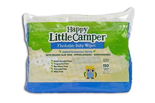 Happy Little Camper Natural Flushable Wet Wipes with Aloe Vera and Vitamin E  Chlorine-Free  Gentle  Hypoallergenic and Dermatologically Tested  Septic Safe  Blue  Unscented  150 Count