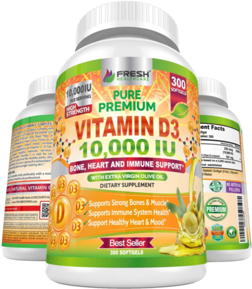 Premium Vitamin D3 10000 IU (250mcg) Infused with Extra Virgin Olive Oil - Immune Support - 300 Softgels - Supports Heart  Joints  Bone  Muscle and Mood Health - Non GMO Vitamin D Supplement