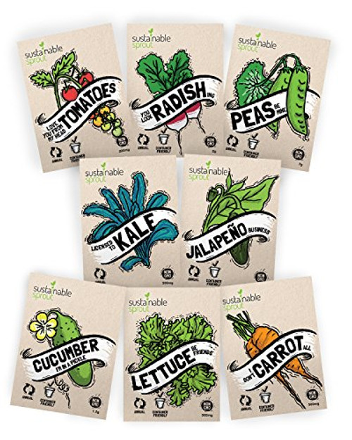 Vegetable Seeds Heirloom"SillySeed" Collection - 100% Non GMO. Veggie Garden Variety Pack: Tomato, Cucumber, Lettuce, Kale, Radish, Peas, Carrot, Jalapeno Pepper
