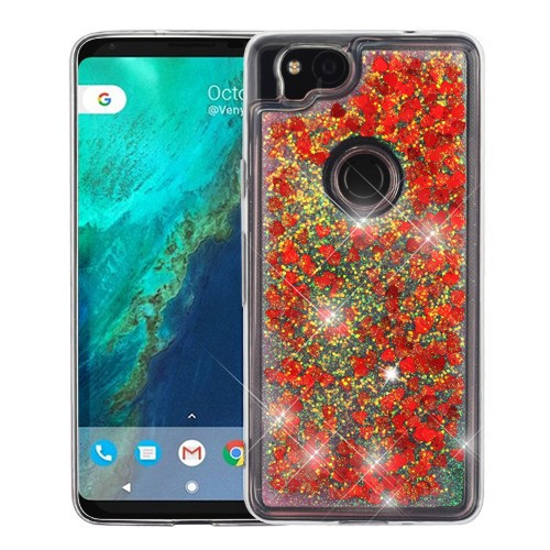 Hearts & Red Quicksand Glitter Hybrid Case for Pixel 2