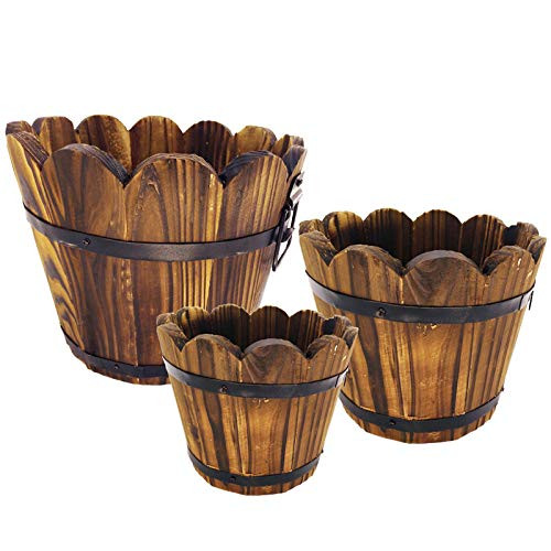 Evniset Rustic Succulent Wooden Barrel Planter Plant Container Box Set of 3 (3 Sizes Wave Mouth)