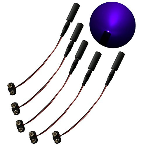 5 Pack Black Light Micro Effects Light 405nm Violet LED Mini Blacklight with 9V Battery Clip for Props Scenery Fluorescent Paints Theatrical Costumes UV Glow Inks