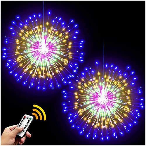 DenicMic 2Pcs Starburst Lights 200 LED Firework Lights Copper LED Christmas Lights, 8 Modes Fairy Light with Remote, Hanging Ball Light for Christmas Bedroom Party Indoor Outdoor Decoration (Colorful)