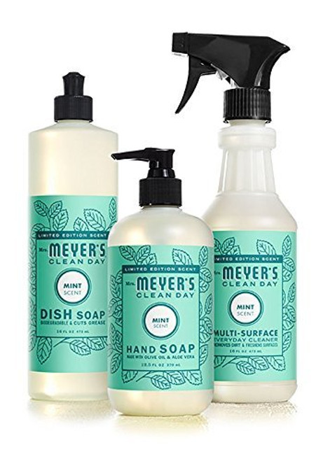 Mrs Meyers Mint Kitchen Basics Bundle: 3 items - (1) Dish Soap  (1) Hand Soap  (1) Everyday Cleaner
