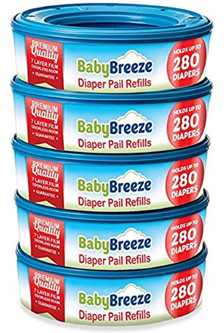 BabyBreeze Diaper Pail Refill Bags Compatible with Playtex Diaper Genie Pails 1400 Count Odor Absorbing Diaper Disposal Trash Bags (5-Pack)