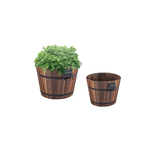 Small Wooden Bucket Barrel Planters – 6.3’’?5.3'' Rustic Flower Planters Pots Boxes Container with Drainage Holes for Indoor Home Decor Small Plants, Brown Set of 2