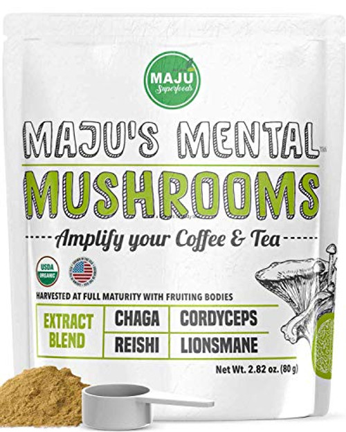 MAJU's Mental Mushroom Powder Extract  Strong Lions Mane  Chaga  Reishi  Cordyceps  Fruiting Bodies for Coffee  Immune System Booster  Nootropic Brain Supplement  Memory  Organic Mushrooms