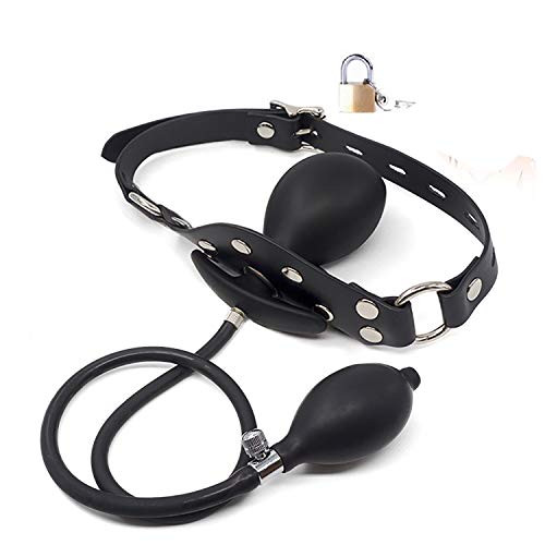 Leather Bondage Inflatable Strap-on Mouth Gag Masks - Faux Leather Lockable & Panel Gag Open Mouth Plug Breathable Restraint Head Hood for Unisex Adults Couples, BDSM/LGBT Fetish Hood