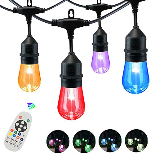 FMART Colorful Outdoor String Lights LED 48Ft RGB String Light  Color Dimmable LED Patio Lights with 15 Sockets  Waterproof Commercial Light String with Wireless Remote Control for Bistro Backyard