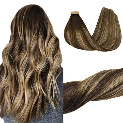 GOO GOO 14 Inch Tape in Hair Extensions Chocolate Brown to Honey Blonde 20pcs 50g Remy Hair Extensions Human Hair Balayage Natural Real Hair Extensions for Women