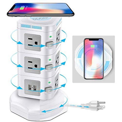 Power Strip Surge Protector   ODOM Power Strips Tower with Fast Wireless Charger  4 USB Ports + 10 Outlets + 6 ft Extension Cord  Outlet Strip Universal Socket for Home Office Dorm Room