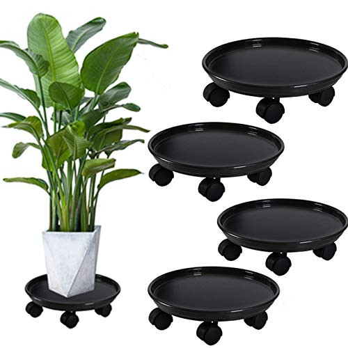 Rakeyva 14" Plant Caddy,Heavy Duty Plant Stand with Wheels, Rolling Dolly On Wheels Round Flower Pot Mover Garden Patio Large Planter Trolley Casters Plant Tray (Black 4Pcs)