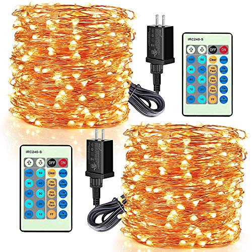 LED Fairy String Lights - Moobibear 99ft 300 LEDs Dimmable Outdoor/Indoor Starry String Lights, Warm White Copper Lights with Remote Control for Garden Room Patio Party Valentines Day Decor 2Pack