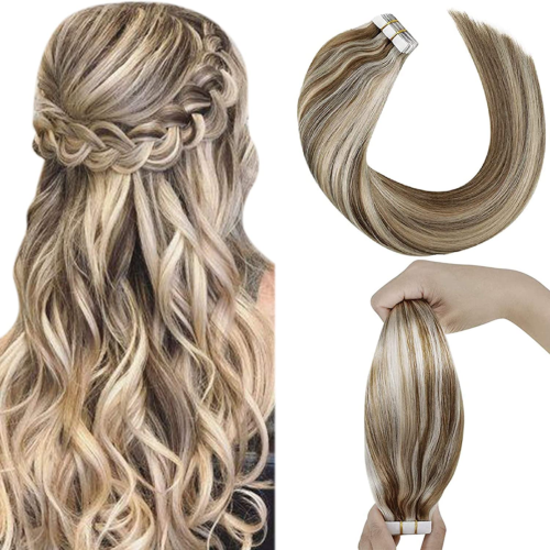 Tape in Human Hair Extensions Light Brown Highlights Platinum Blonde Skin Weft 22inch Hair Extensions Tape in Human Hair for Women 20pcs 50g
