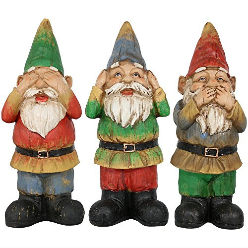 Sunnydaze Three Wise Garden Gnomes - Hear, Speak, See No Evil Set - Outdoor Lawn Statues, 12 Inch Tall Each