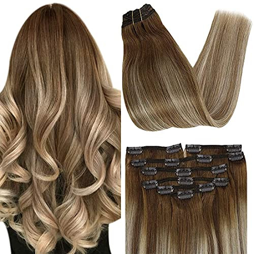 VeSunny Brown Clip on Hair Extensions Ombre Hair Clip in Extensions Medium Brown Balayage Platinum Blonde Clip in Human Hair Extensions Brown Balayage Straight Long Hair 7pcs 120g 24inch