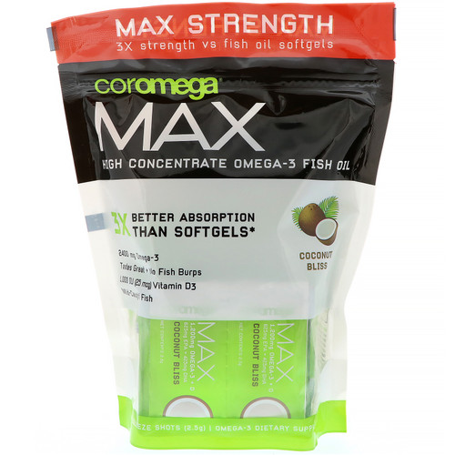 Coromega  Max  High Concentrate Omega-3 Fish Oil  Coconut Bliss  60 Squeeze Shots  2.5 g Each