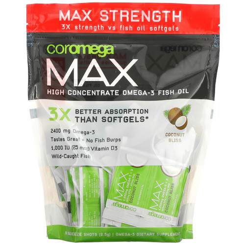 Coromega  Max High Concentrate Omega-3 Fish Oil  Coconut Bliss  90 Squeeze Shots  2.5 g Each