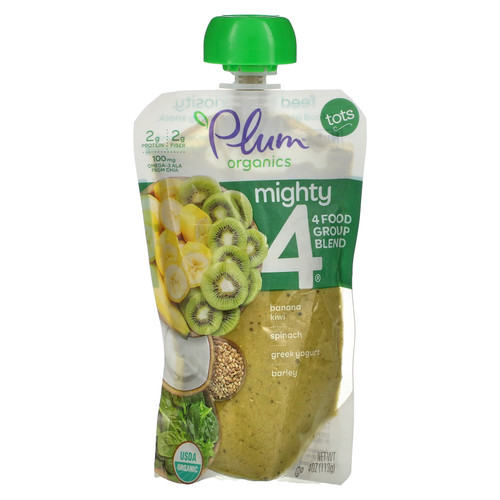 Plum Organics  Mighty 4  4 Food Group Blend  Tots  Banana  Kiwi  Spinach  Greek Yogurt  Barley  4 oz (113 g)