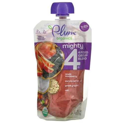 Plum Organics  Mighty 4  4 Food Group Blend  Tots  Apple  Blackberry  Purple Carrot  Greek Yogurt  Oat  4 oz (113 g)