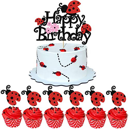 Ladybug Birthday Cake Decorations  Black Glitter Happy Birthday Ladybug Cake Topper for Kids 1st Birthday Party Decorations  Girl's Ladybug Themed Birthday Party Decoration (1 x Ladybug Cake Topper  6x Ladybug Cupcake Toppers)