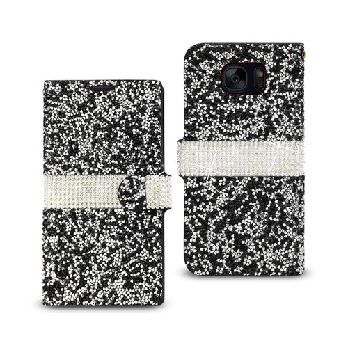 REIKO DIAMOND RHINESTONE WALLET CASE FOR SAMSUNG GALAXY S7 EDGE IN BLACK