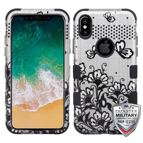 MYBAT Black Lace Flowers (2D Silver)/Black TUFF Hybrid Phone Protector Cover for iPhone XS/X