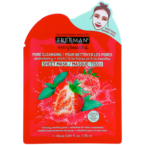 Freeman Beauty  Feeling Beautiful  Pore Cleansing Beauty Sheet Mask  Strawberry + Mint  1 Mask  0.84 fl oz (25 ml)