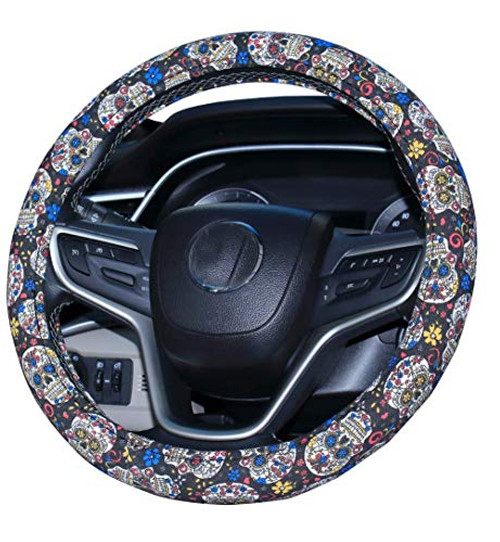 Amuahua Automotive Women Handmade Embroidery Cute 15 inch Car Steering Wheel Cover(Sugar Skull Day)