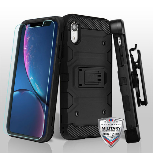 MYBAT Black/Black 3-in-1 Storm Tank Hybrid Case Combo (w/ Holster)(Screen Protector) for iPhone XR