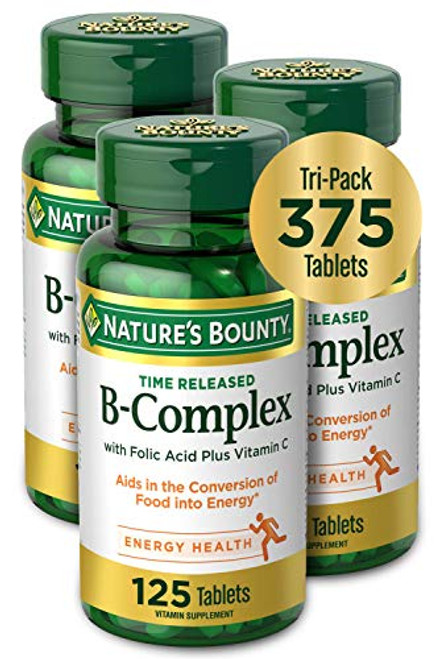 Vitamin B-Complex by Nature's Bounty  Time Released Vitamin Supplement w/ Folic Acid Plus Vitamin C  Supports Energy Metabolism and Nervous System Health  125 Tablets (Pack of 3)