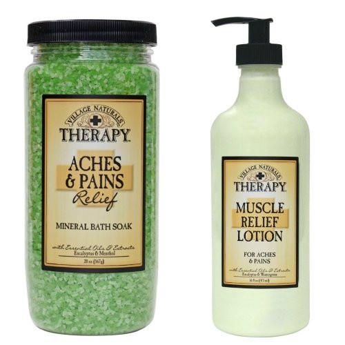 Village Naturals Muscle Aches and Pains Relief Lotion and Mineral Bath Soak Combo