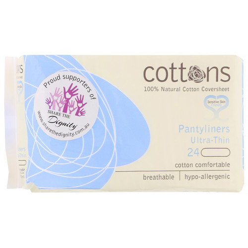 Cottons  100% Natural Cotton Coversheet  Pantyliners  Ultra-Thin  24 Liners